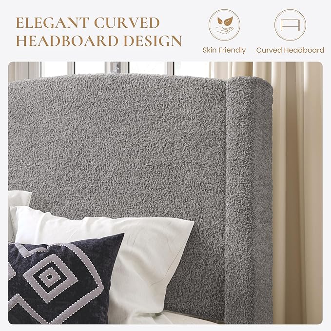 SHA CERLIN Full Size Bed Frame with Soft Teddy Fabric, Boucle Upholstered Platform Bed, Curved Headboard Design, Wooden Slats Support, Noise-Free, No Box Spring Needed, Easy Assembly, Grey