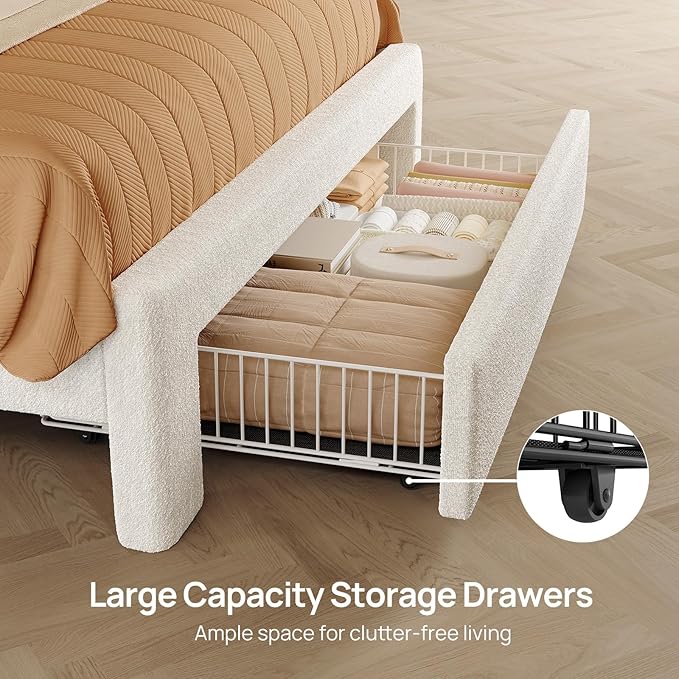 Rolanstar Twin Bed Frame with Drawer, Storage Headboard with Charging Station and LED Lights, Upholstered Bed with Heavy Duty Wood Slats, No Box Spring Needed, Noise Free, Easy Assembly, Beige