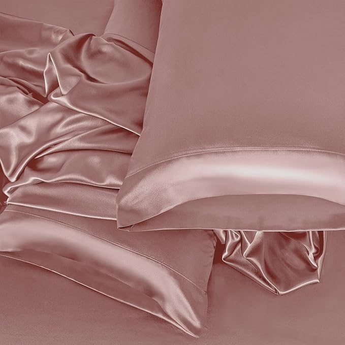 Homiest 4pcs Satin Sheets Set Luxury Silky Satin Bedding Set with Deep Pocket, 1 Fitted Sheet + 1 Flat Sheet + 2 Pillowcases (King Size, Rich Pink)