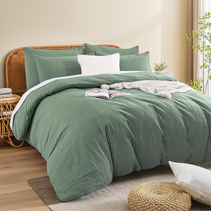 NEXHOME PRO Duvet Cover Full 100% Washed Cotton, Organic Natural Linen Like Textured, Breathable, Durable, Home Bedding Set, Heathered Green 8090