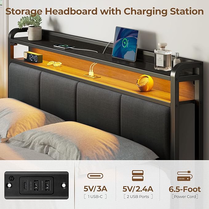 Rolanstar Bed Frame Full Size with Charging Station and LED Lights, Upholstered Headboard with Storage Shelves, Heavy Duty Metal Slats, No Box Spring Need, Noise Free, Easy Assembly, Dark Grey