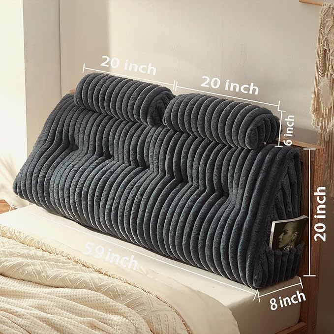 Rycwola Faux Fur Headboard Pillow with 2 Pack Neck Roll Pillow Large Headboard Pillow Soft and Supportive with Removable Cover (Grey, Queen)