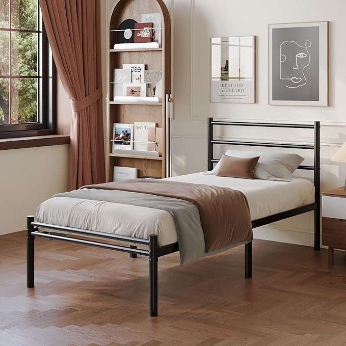 Yicensen Twin Bed Frames with Headboard and Footboard, 14 Inch Metal Platform Twin Size Bed Frame with Steel Slat Support, No Box Spring Needed, Noise Free, Easy Assembly, Black