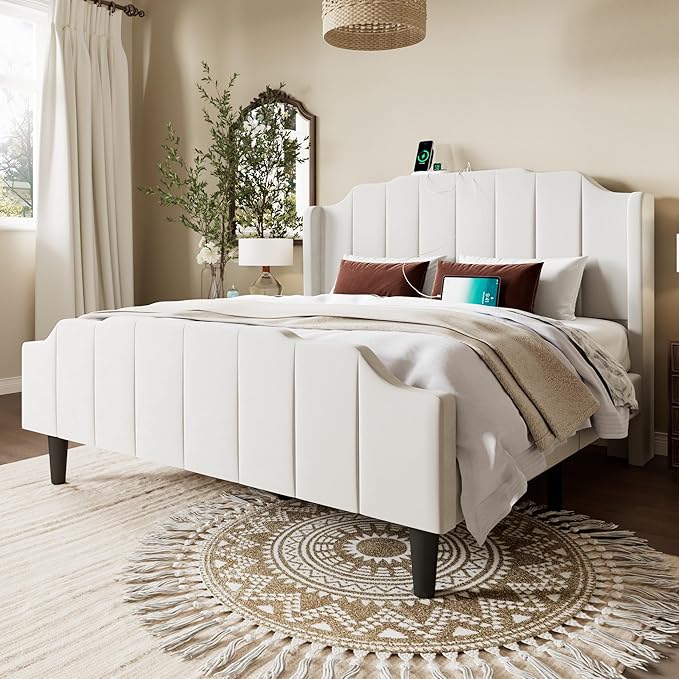 Allewie Vintage Full Size Velvet Platform Bed Frame with Curved Vertical Tufted Wingback Headboard and Footboard, Charging Station, Easy Assembly, Under Bed Storage, No Box Spring Required, White