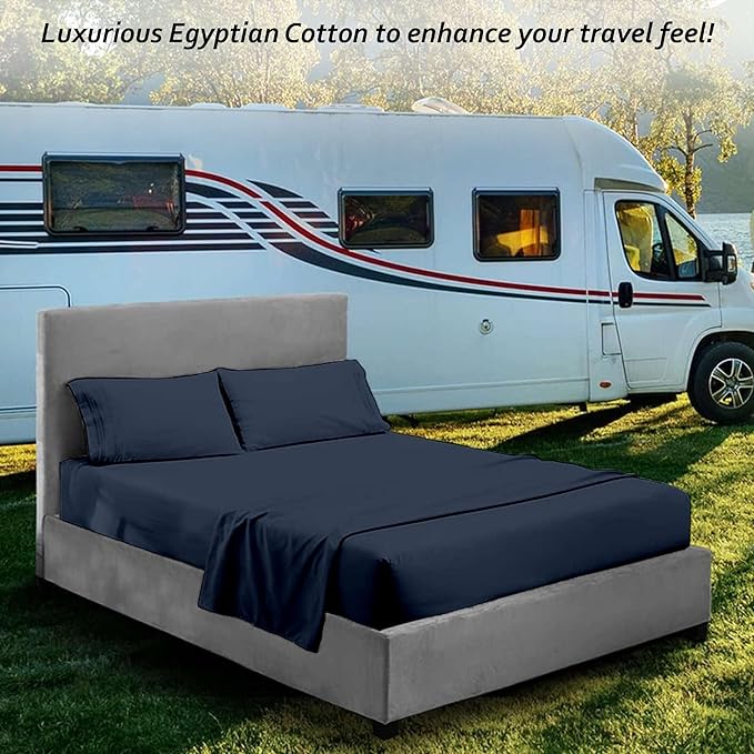 Short Queen RV Camper Sheet Set (60x75) – 100% Egyptian Cotton, Soft & Cooling, 16” Deep Pocket Fitted Sheet, Luxury Hotel Quality Bedding for RVs, Campers & Motorhomes (Navy Blue Solid)