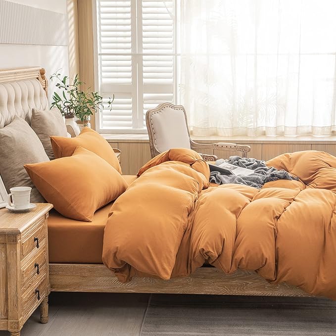 PURE ERA Jersey Knit Duvet Cover Set 100% T-Shirt Cotton Super Soft Comfy 3pc Bedding Set with Zipper Closure (Solid Burnt Orange, King)