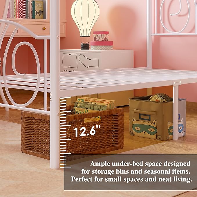 VECELO Metal Canopy Bed Frame Twin Size, 4 Posters Platform Mattress Foundation with Headboard, Heavy Duty Steel Slats Support, No Box Spring Needed, Pure White