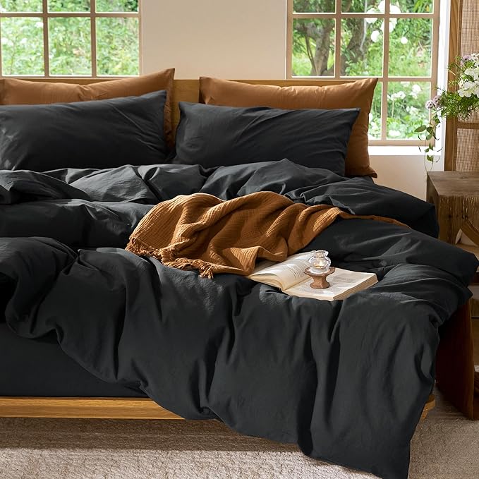 MooMee Bedding Duvet Cover Set 100% Washed Cotton Linen Like Textured Breathable Durable Soft Comfy (Solid Black, Cal King 104"x98")