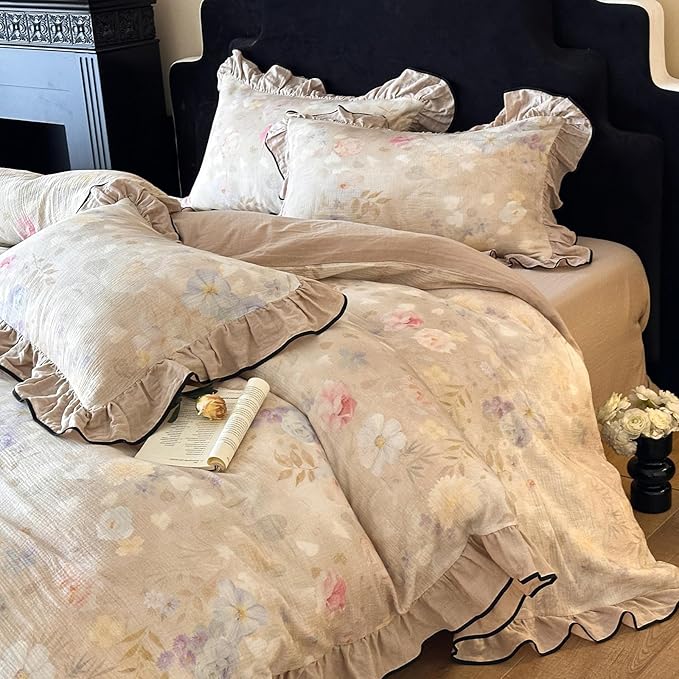 VM VOUGEMARKET Ruffle Duvet Cover Queen Muslin Cotton Vintage Flower Duvet Cover Soft Breathable Linen Like Gauze Bedding Set for Girls-Ivory