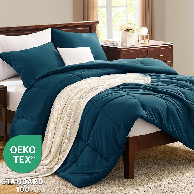 CozyLux Full Size Comforter Sets - 270GSM Lyons Blue Bedding Sets for All Seasons, 3 Pieces Box Stitched Bed Set with 1 Down Alternative Comforter and 2 Pillow Shams, Soft, Lightweight, Breathable