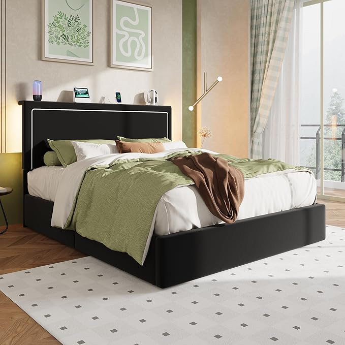 Allewie Queen Size Lift Up Storage Bed Frame with Charging Station & LED Lights, Adjustable Velvet Upholstered Storage Headboard, Type-C & USB Ports, Hydraulic Support, No Box Spring Needed, Black