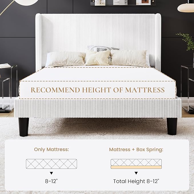 SHA CERLIN Full Size Corduroy Upholstered Platform Bed Frame with Vertical Channel Tufted Wingback Headboard, 8" Under Bed Storage, Wooden Slats & Metal Frame Support, Easy Assembly, White