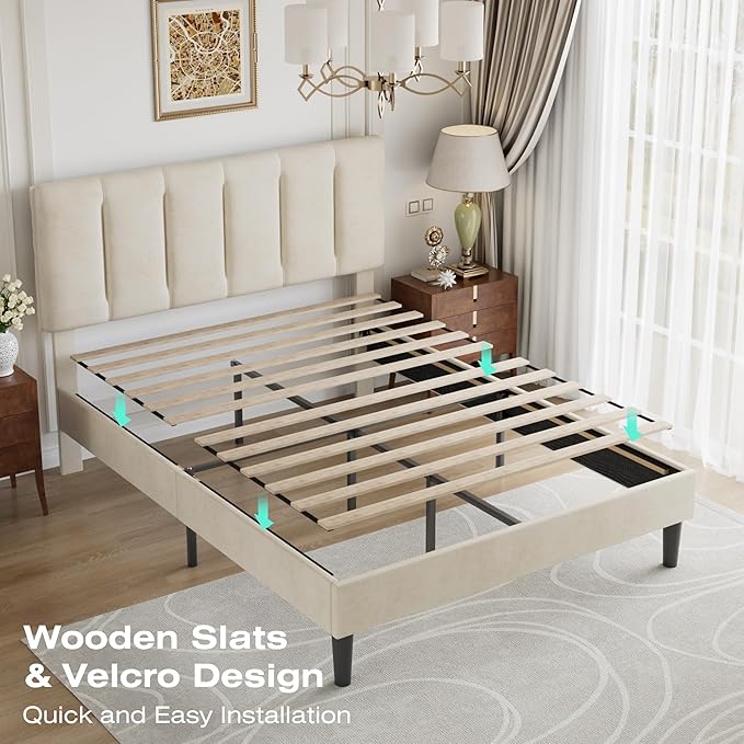 VECELO Full Size Bed Frame with Upholstered Headboard, Heavy-Duty Bedframe with Strong Wooden Slats Support, No Boxing Spring Needed, Pale Beige