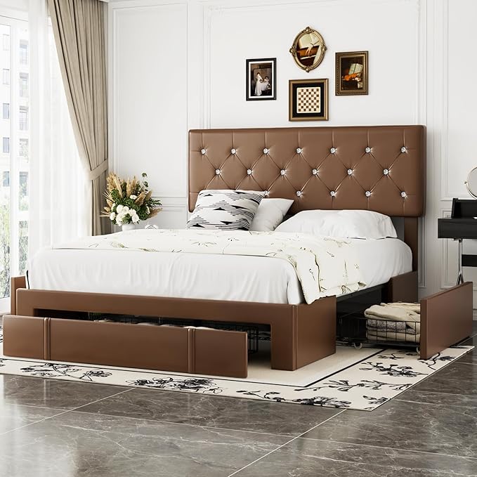 VECELO Queen Size Bed Frame with 3 Storage Drawers, Leather Upholstered with Diamond Tufted Headboard, Solid Wood Slat Support & Steel Framework, PU & Brown