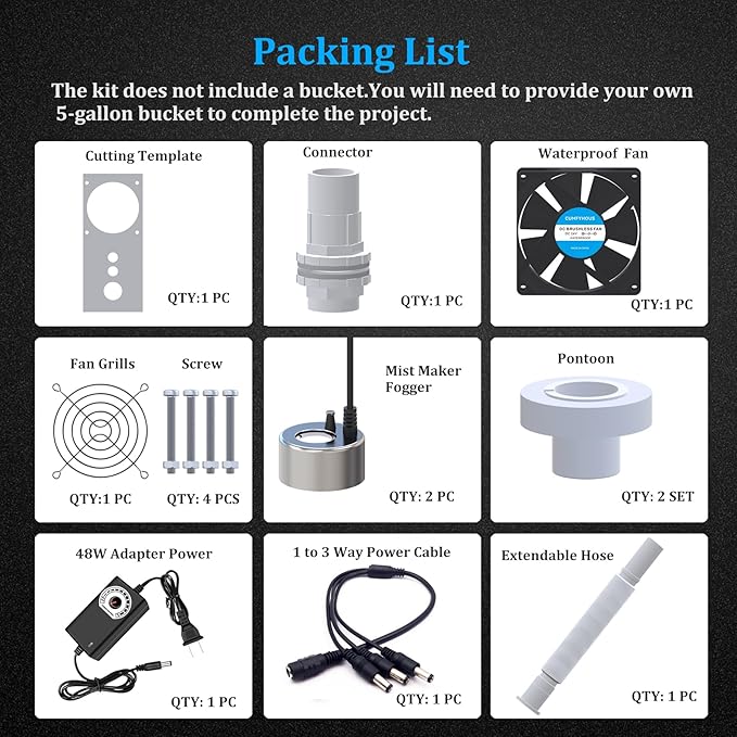 19L Large Capacity DIY Humidifier Kit - for Plants, Mushrooms, Grow Tents, Terrarium | Turns a 5 Gallon Bucket into Cool Mist Humidifier, Extendable Hose, High Output, Long Runtime (2 Foggers Kit)