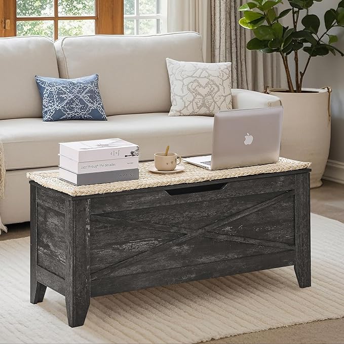 VECELO 43.3" Storage Chest with Lift Top Storage, Farmhouse Style Ottoman with Handwoven Wicker Cushion, Safety Hinges, Ideal for Entryway, Bedroom, Living Room, Coal Gray