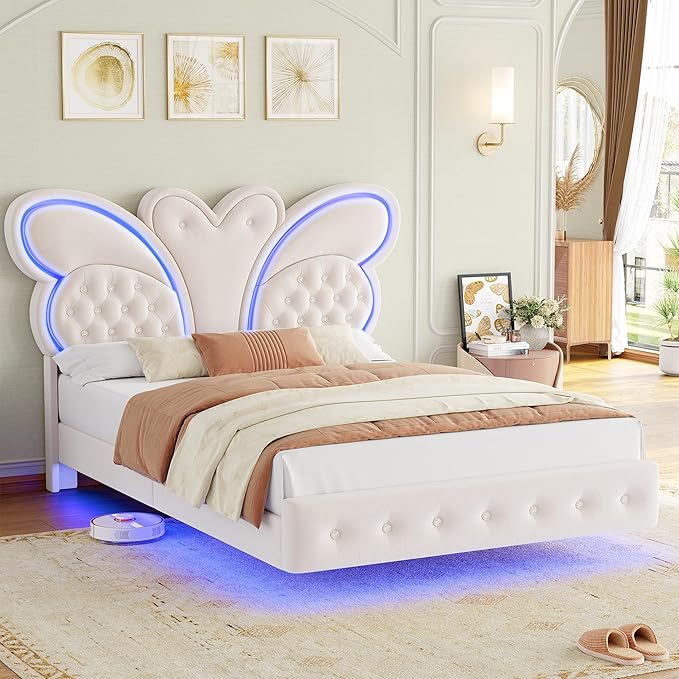 Keyluv Queen Bed Frame Butterfly-Pattern Upholstered Headboard, Modern Floating Bed with LED Lights Button Tufted on Headboard and Footboard, Slats Support No Box Spring Needed, Noise-Free, Beige