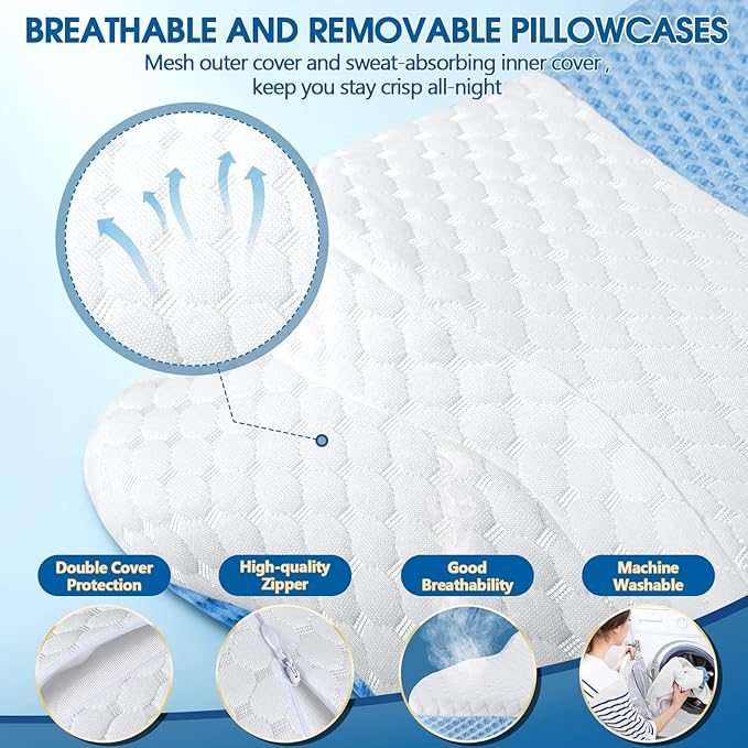 CHxxy Memory Foam Pillows, Cervical Pillow for Neck and Shoulder Pain Relief, Ergonomic Contour Bed Pillow, Soft for Side Sleep Stomach Sleeping and Back Sleeper-Queen Size & Light Blue