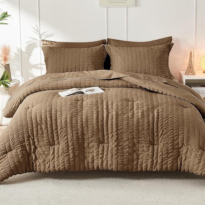 HYMOKEGE Brown Twin XL Comforter Set Seersucker 5 Pieces, All Season Luxury Bed in a Bag for Bedroom, Bedding Set with Comforter, Sheets, Pillowcase & Sham