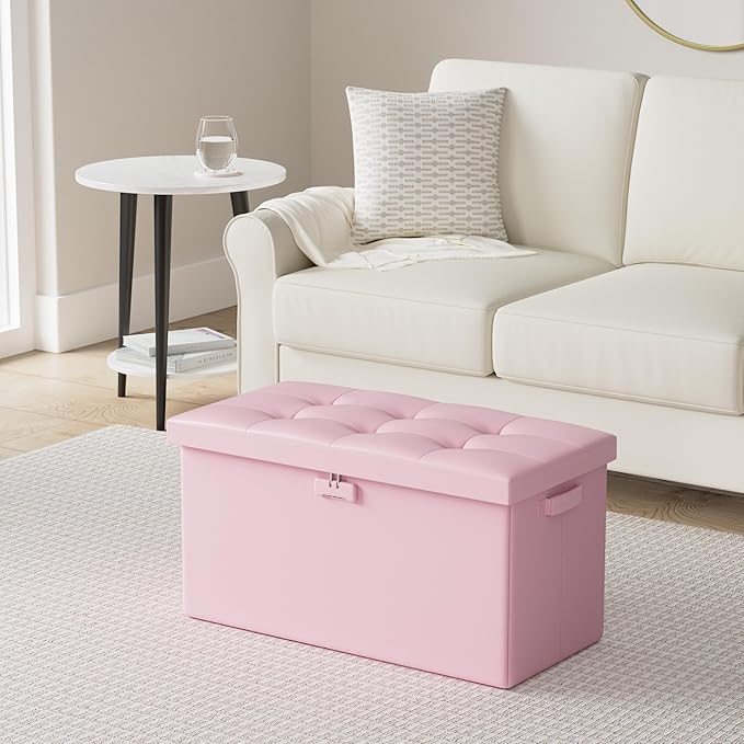 ENGPOW Storage Ottoman Bench,Fireproof Folding Bench with Lock,30 Inches Fire＆Water Resistant Storage Chest Foot Rest Stool Leather Bedroom Ottoman Safe for Documents,Valuables, Pink