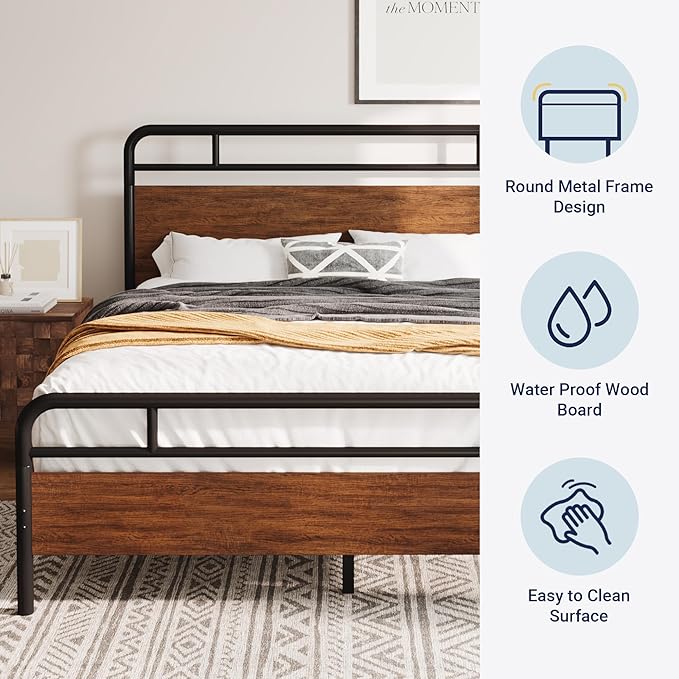 Allewie King Size Platform Bed Frame with Wooden Headboard and Footboard, Heavy Duty 13 Metal Slats Support, Under-Bed Storage, No Box Spring Needed, Noise Free, Easy Assembly, Walnut