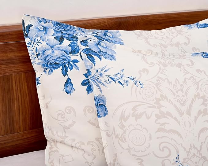 CHUFFED 100% French Linen Pillow Cases Porcelain Bloom Print, Farmhouse Floral Stone Washed Pillow Shams with Envelope Closure Soft Breathable Vintage Pillow Covers for Decor,20x36 inches