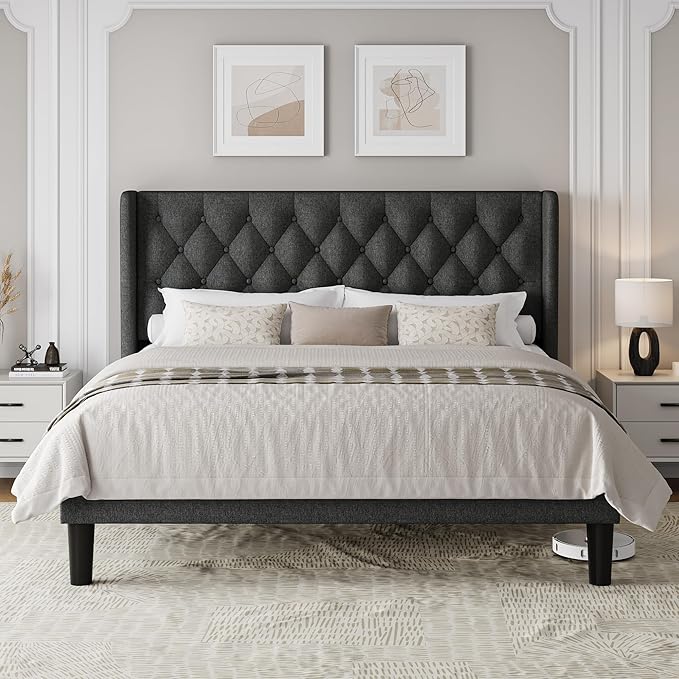 Einhomn King Size Platform Bed Frame with Upholstered Wingback Headboard, 12" Under Bed Space, Wooden & Metal Slats Support, No Box Spring Needed, Black