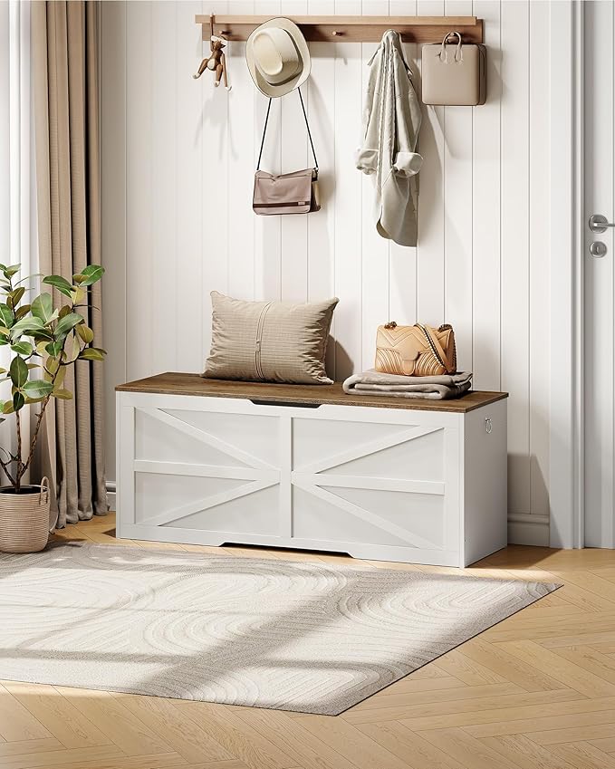 CHOEZON Storage Chest, 47.2" Wooden Storage Trunk, Modern Storage Bench with Safety Hinge, Toy Box, Farmhouse Style, for Bedroom, Living Room, Walnut and White MCW16WL