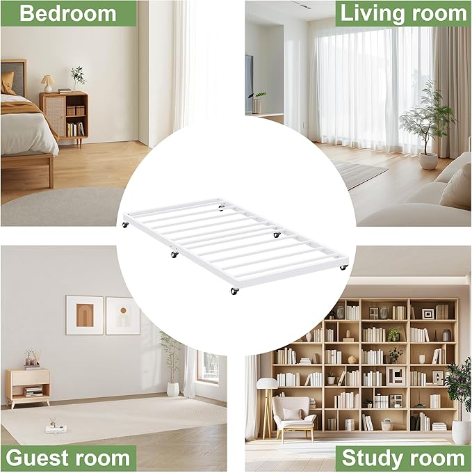 Lutown-Teen Twin Trundle Bed Frame with Metal Slats, Roll-Out Design, Easy Assembly Steel Frame with Lockable Wheels, Noiseless Pull Out Bed for Bedroom, Living Room or Guest Room, White