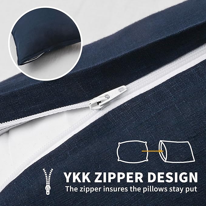 CHUFFED Linen Pillowcases 2 Pack 100% Linen Standard Pillow Cases, Breathable and Cooling Washed Pillowshams with Zipper Closure, 20x30 Inches, Navy Blue