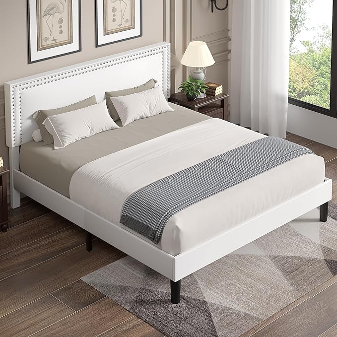 VECELO Full Size Platform Bed Frame with Height Adjustable Upholstered Headboard, Modern Mattress Foundation,Strong Wood Slat Support, No Box Spring Needed, Easy Assembly,White