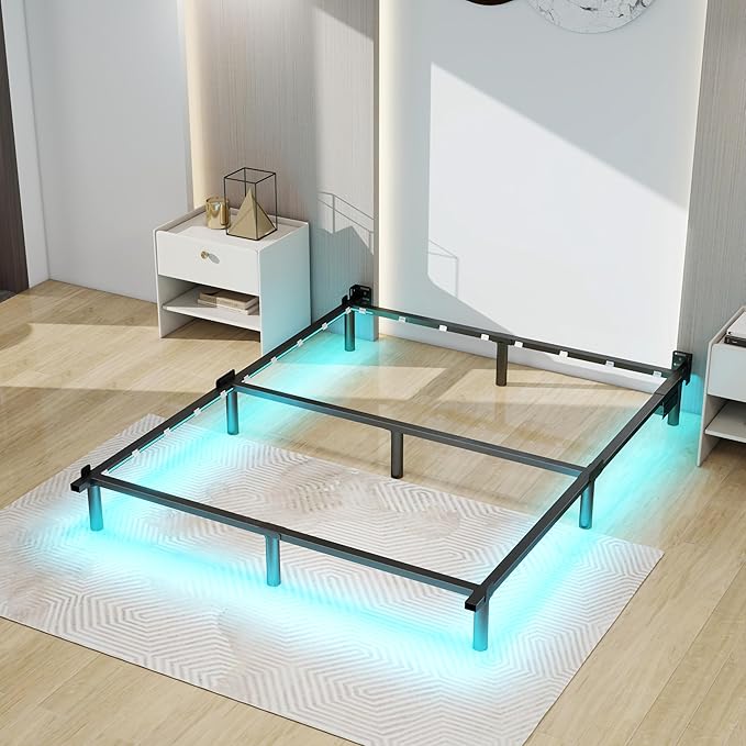 Queen Bed Frame LED Lights Platform Bed Frame Queen Size for Box Spring Mattress Foundation,7 Inch 9 Legs Strong Support Basics Bed Base with Charging Station,Heavy Duty,Noisy Free (7 Inch, Queen)