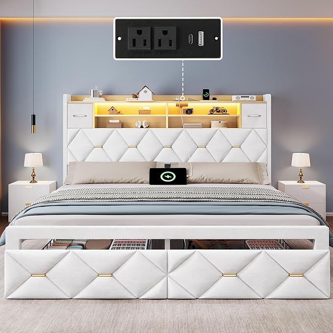 YITAHOME King Size Bed Frame with 2 Storage Drawers and Storage Headboard, Upholstered Platform with Charging Station and LED Light, No Box Spring Needed, Noise Free, Easy Assembly, Velvet White