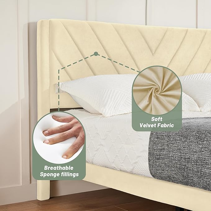 Full Bed Frame with Headboard, Bed Frame Full Size with Sturdy Wooden Slats Support, Platform Bed Frame with Velvet Upholstered Headboard, Mattress Foundation, Easy Assembly, No Box Spring Needed