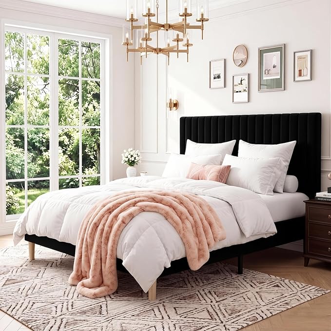 GAOMON Queen Bed Frame with Adjustable Headboard, Velvet Upholstered Platform Queen Size Bed Frame, Wooden Slats Support, No Box Spring Needed, Easy Assembly, Black