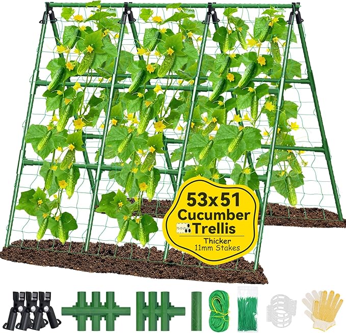 53x51 Inch Cucumber Trellis for Raised Bed, Adjustable A-Frame Garden Trellis for Climbing Plants Outdoor with Climbing Net, Meal Plant Trellis for Vegetables Pea Bean Tomato Grape Squash