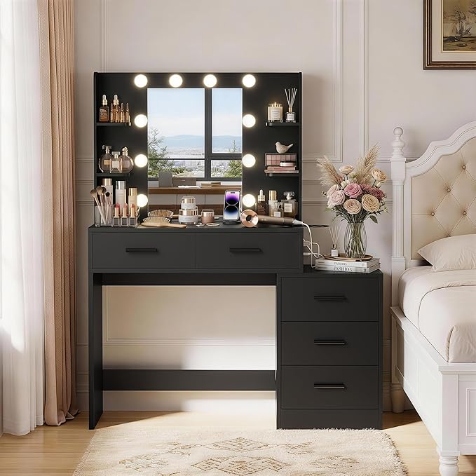 YESHOMY Makeup Vanity Desk with Mirror & Lights, Vanity Table with 5 Drawer, 6 Shelves, Charging Station for Bedroom, Dressing Room, Dark Black