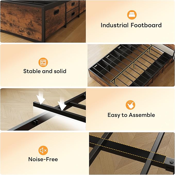 LIKIMIO Queen Bed Frame with 12 Fabric Storage Drawers, Industrial Platform Bed Frame with Headboard, No Box Spring Needed, Sturdy Metal Slat Support, Rustic Brown, Noise-Free, Easy Assembly