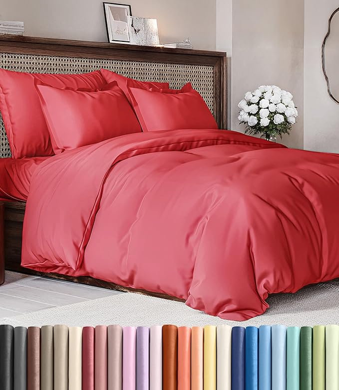 Duvet Cover Cal King Size Set - Extra Soft Cal King Duvet Cover 104" x 98" with 2 Pillow Shams - Hotel Luxury, Easy Care & Fade Free w/ Zipper Closures & Ties - All Season, Comfy & Breathable (Red)