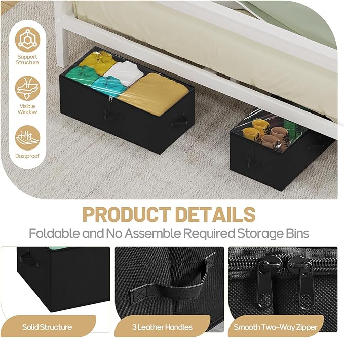 Large Under Bed Storage Containers, 12 inch Tall Underbed Storage Bins with Clear Lids, Deep Under Dorm Bed Storage Drawers Organizer for Shoes, Clothes, Blankets (2 Pack, Black, 31.5"x16"x12")
