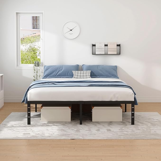 NEW JETO Metal Bed Frame,King Size Bed Frame with Storage Space,Heavy Duty Sturdy Mattress Foundation,Easy Assembly,No Box Spring Needed, Black,16 Inch,King
