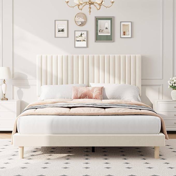 IDEALHOUSE Queen Bed Frame with Adjustable Headboard, Velvet Upholstered Platform Queen Size Bed Frame, Vertical Channel Tufted, Strong Wooden Slats, No Box Spring Needed, Easy Assembly, Beige