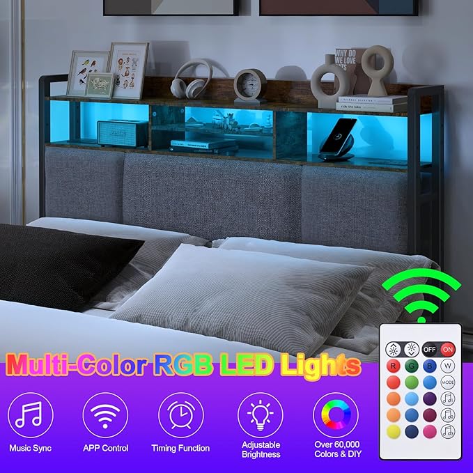 Livofloral Upholstered Queen Size Headboard with 2 Power Outlets & LED Light, Head Board with Storage Shelves for Bed, Queen Headboard Only, Height Adjustable, Sturdy & Stable, Brown