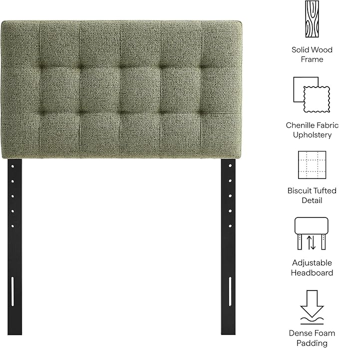 Modway Lily Twin Size Headboard with Biscuit Tufting in Leaf - Fabric Upholstery with Padded Design and 5 Height-Adjustable Mounts