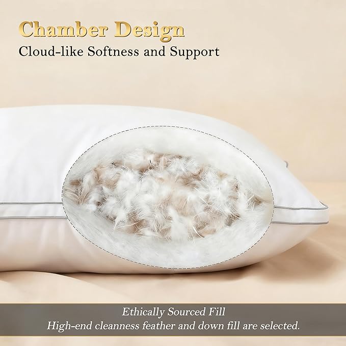 Feather Pillows Queen Size Set of 2 Goose Down Pillows with 100% Breathable Cotton Cover, Hotel Collection Bed Pillows for Sleeping, Soft Support for Back, Stomach and Side Sleepers