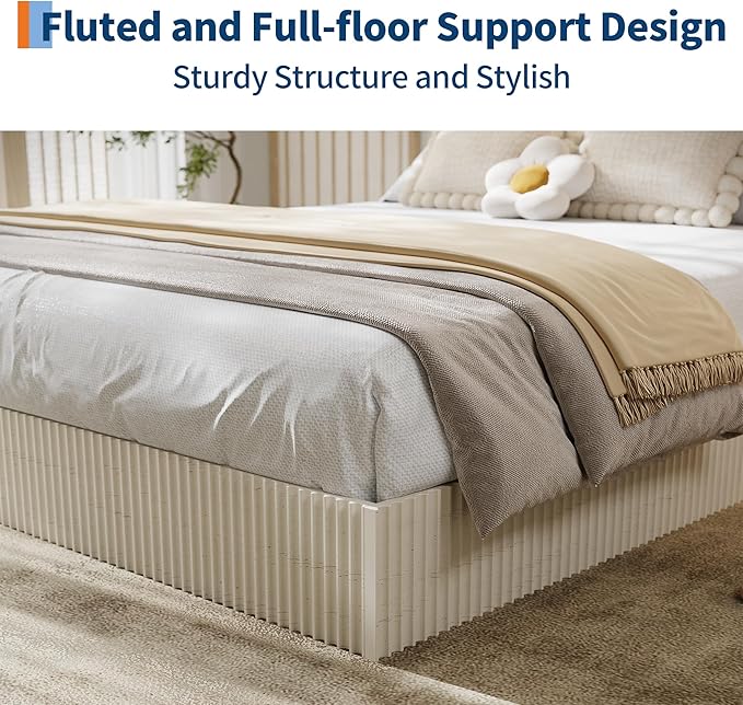 Garvee Twin Bed Frame, Wood Platform Bed with Fluted Design, Low Profile BedFrame, Minimalist Bed Base with Noise-Free, Easy Assembly, No Box Spring Needed, Cream