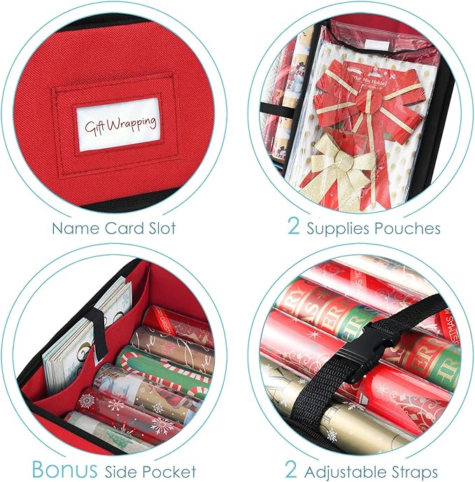 Hearth & Harbor Wrapping Paper Storage Container - Christmas Storage Bag with Interior Pockets - Gift Wrap Organizer Fits Up to 22 Rolls of 40" - Tear Proof, Red