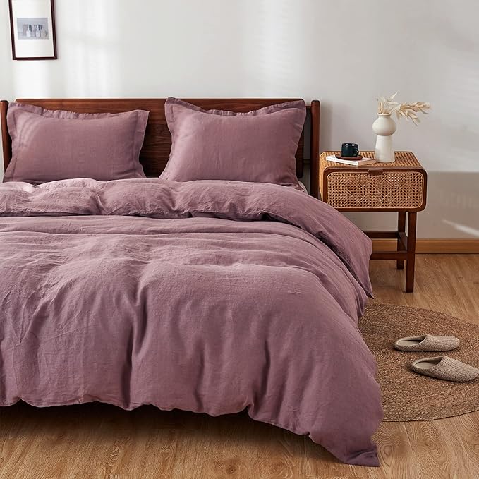 Simple&Opulence 100% Linen Duvet Cover Set 3pcs Basic Style Natural French Washed Flax Solid Color Soft Breathable Farmhouse Bedding with Button Closure - Purple, Queen