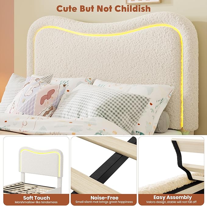 GarveeHome Upholstered LED Twin Bed Frames for Kids with 2 Drawers and Headboard, Cute Twin Bed with Storage for Girls, Boys, Sturdy Platform Bed, No Box Spring Needed, Wooden Slats, Noise Free, Beige