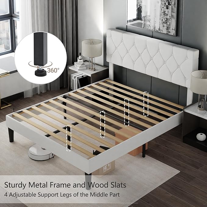VECELO Full Size Bed Frame with Button Tufted Headboard, Upholstered Platform with Wooden Slat Support, No Box Spring Needed, White